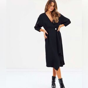 Mango Kimono Wrap Black V-Neck 3/4 Sleeve Single Button Midi Dress XS
